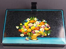 Vintage Tin Metal Decoware Box Silent Butler Crumb Tray Flowers Aqua Black picture