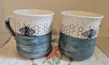 2 Heartland Hive Bee Honeycomb Coffee Tea Mugs Blue & White NWOT picture