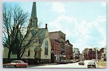 c1950s~St. Jonsbury Vermont VT~Main Street~Downtown~Church~VTG Postcard picture