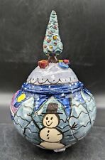 Studio Art Pottery Christmas Lidded Candy Dish Snowman Rabbit Signed 9