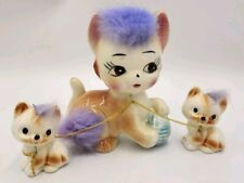 Vintage Anthropomorphic Ceramic Chained Cat Kittens Purple Fur Figurine Japan picture