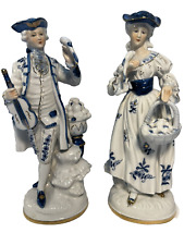 Vintage Victorian Colonial Style Figurine Couple White Blue Gold Trim picture