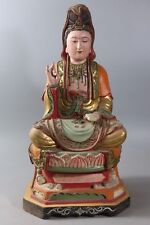 Antique 16” Chinese Kwan-yin Sitting on the Lotus Statue Camphorwood Craft picture