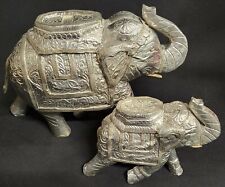 Large Hand Hammered Silver Elephants Set 2 Pachyderms Made in India Detailed picture