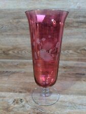 Vintage Cranberry Pink Etched Footed Vase - 10