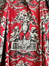 PAIR vintage French classic RED CHERUBS satin cotton CURTAINS BACKED c1950 picture