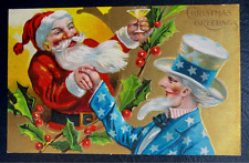 Santa Claus Toasts & Shake Hands w. Uncle Sam Patriotic Christmas Postcard-k160 picture