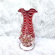 Vintage Swirl Design Floral Red White Glass Pontil Mark Flower Vase 7.6