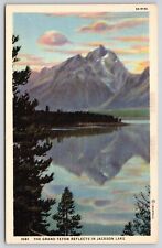Grand Teton Reflects Jackson Lake Linen Postcard UNP VTG Curt Teich Unused picture