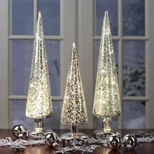 Set of 3 Silver Northern Lights Mercury Glass Christmas Tree Lighted 12-16” New picture