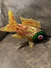 Large Murano Style Hand Blown Art Glass Fish Figurine Yellow Green and Red picture