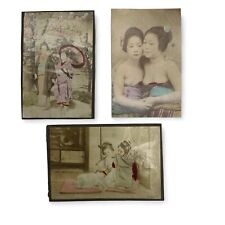 1890 3 Hand Colored/Tinted Albumen Print 2 GEEISHA Walking Cherry Blossom picture