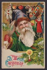 GEL Christmas Postcard Old World Santa Rare Blue Hat Green Robe Toys picture