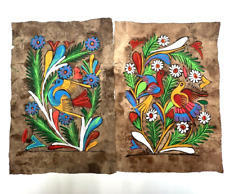 Lot of 2 Vintage Mexican Amate Bark Painting Hand Painted Folk Art Bird Flowers picture