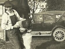 R6 Farmer Overalls Grabbing Mystery Woman Old Car Barn Playful ? Hiding Face Shy picture