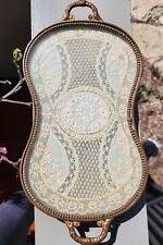 Antique Victorian French Brass Vanity Perfume Handled Tray Lace Doily Ball Feet  picture