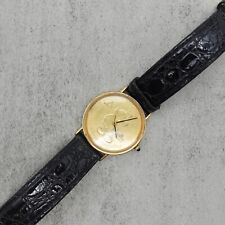 Vintage Lorus Watch Mickey Mouse Gold Tone Coin Dial Black Band NEW BATTERY picture