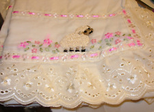 Vintage Pair 2 Hand Embroidered Lamb SHEEP STANDARD BED Pillowcases IVORY PINK picture