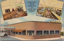 c1950s Manhattan, Kansas Postcard UNION BUS DEPOT & Warren Cafe