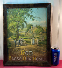Vtg 1920-30’s God Bless Our Home Lithograph Print Family Country Cottage Framed picture