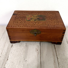 Vintage Carved Cedar Box Wood Jewelry Trinket Stash Lock Latch Roses Dovetail picture