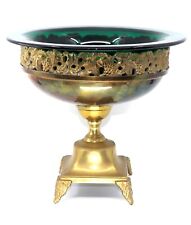 Vintage Brass Pedestal Fruit Bowl Grape Design Rare Original Green Glass Bowel picture