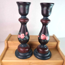 Hand Painted Wooden Candlestick Holders Hand Painted Roses Carved Wooden Holders picture