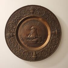 Vtg Brass Windmill Dutch Wall Plate Hanging Tray Metal Tin Embossed 16.5
