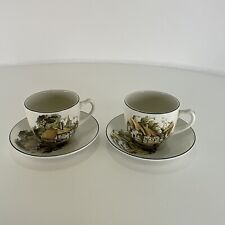 Vintage Royal Falcon Two Cups And Two Saucers Village Street Ironstone England picture