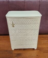 VINTAGE MCM WHITE HAWKEYE LAUNDRY HAMPER GOLD TRIM WICKER BACK GREAT COND picture