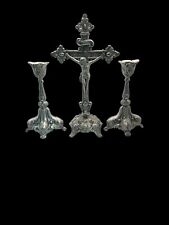 PAIR OF J.B SILVER PLATED ? ALTAR CANDLESTICKS & ALTAR CROSS .ROSES HEAVY SOLID picture