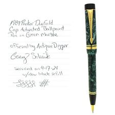 1989 PARKER DUOFOLD GREEN MARBLE CAP ACTIVATED BALLPOINT PEN NEAR MINT picture