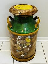 VTG Metal Milk Can Jug Hand Painted Floral Design Yellow Green w/ Lid 24