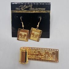 Vtg Disney Collection Earrings Pin Set Mickey Mouse Gold Tone Pierced Ear Dangle picture