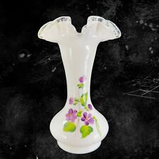 Vintage Fenton Silver Crest Hand Painted Vase Purple Flowers Ruffled Top Glass picture