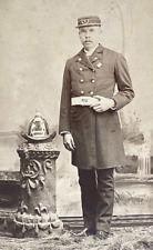 RARE GREENWICH CT. FIREMAN w/ HIGH EAGLE HELMET CABINET CARD PHOTO 1880's picture