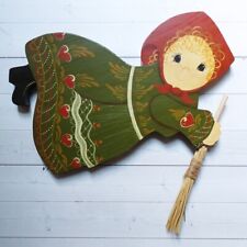 1985 Country Primitive Wood Wall Plaque Hand Painted by Ruth P Woman with Broom picture