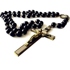 Large 20mm Black Ebony Wooded beads Wall Rosary Catholic crucifix cross Gift box picture