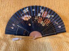 Asian Wood Canvas Floral Fan Wall Décor, Vintage, 1970s, 16.5 x 9 in picture