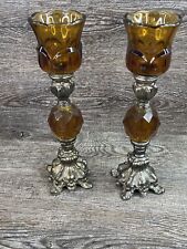 VTG  Pair of Baroque Candle Stick Votive Holders Amber Lucite Hollywood Regency picture