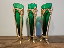 Antique Brass And Emerald Green Set Of 3 Ornate Mid Century Vases picture