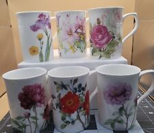 Set of 6 STECHCOL Gracie Bone China Floral Mugs 11 Oz Roses~Peonies~Clematis~ picture