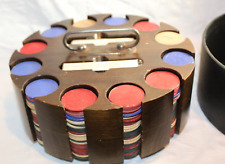 Vintage Dark Wood Poker Chip Caddy Carousel with Cover & Clay? Wood? Chips picture