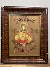 Antique Religious Jesus Framed Needlepoint Celluloid Art Tiger Stripe Rare picture