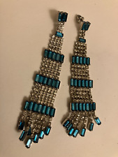 VINTAGE ESTATE blue and clear rhinestone dangle   pierced earrings picture