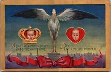 c1910s STORK Birth Announcement Embossed Postcard 