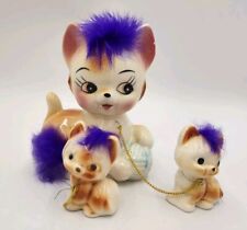 Vintage Anthropomorphic Ceramic Chained Cat Kittens w/Violet Fur Figurine Japan picture