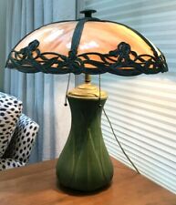 Antique American Craftsman Green-Glazed Pottery Table Lamp Patinated Glass Shade picture