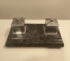 ART DECO GREEN MARBLE DOUBLE METAL PLATED INKWELL DESK PEN STAND picture