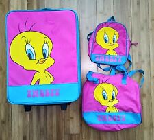 VTG 1999 Looney Tunes Tweety Bird 3pc Luggage Pink/Blue Case, Duffle & Backpack picture